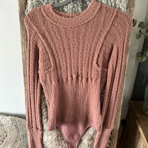 Free People Dusty Rose Cable-Knit Scoop-Neck Bodysuit Sweater